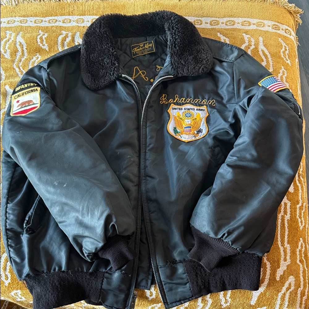 Vintage 80s Black Bomber Jacket with Embroidered Patches